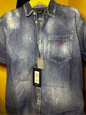 DSQUARED2 Blue Distressed Denim Short-Sleeve Button-Down Shirt Men